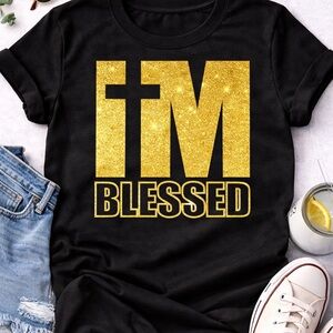 Women's Black 'I'm Blessed' Short Sleeve Tee with Gold Glitter Graphic